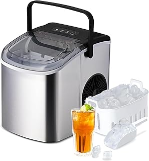 Simple Deluxe Ice Maker Machine for Countertop, 9 Ice Cubes Ready in 6 Mins, 26lbs Ice/24Hrs, Portable Ice Machine with Scoop & Basket, Self-Clean, for Home Kitchen Office Bar Party,Silver