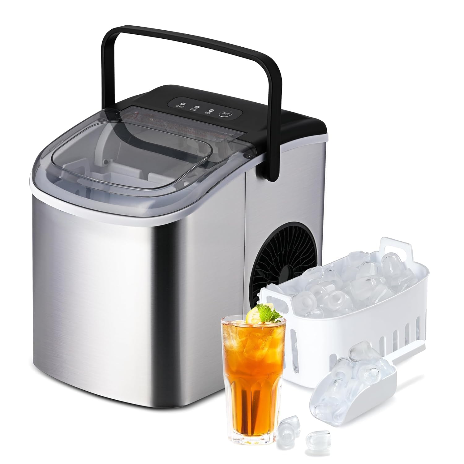 Simple Deluxe Ice Maker Machine for Countertop, 9 Ice Cubes Ready in 6 Mins, 26lbs Ice/24Hrs, Portable Ice Machine with Scoop & Basket, Self-Clean, for Home Kitchen Office Bar Party,Silver-0