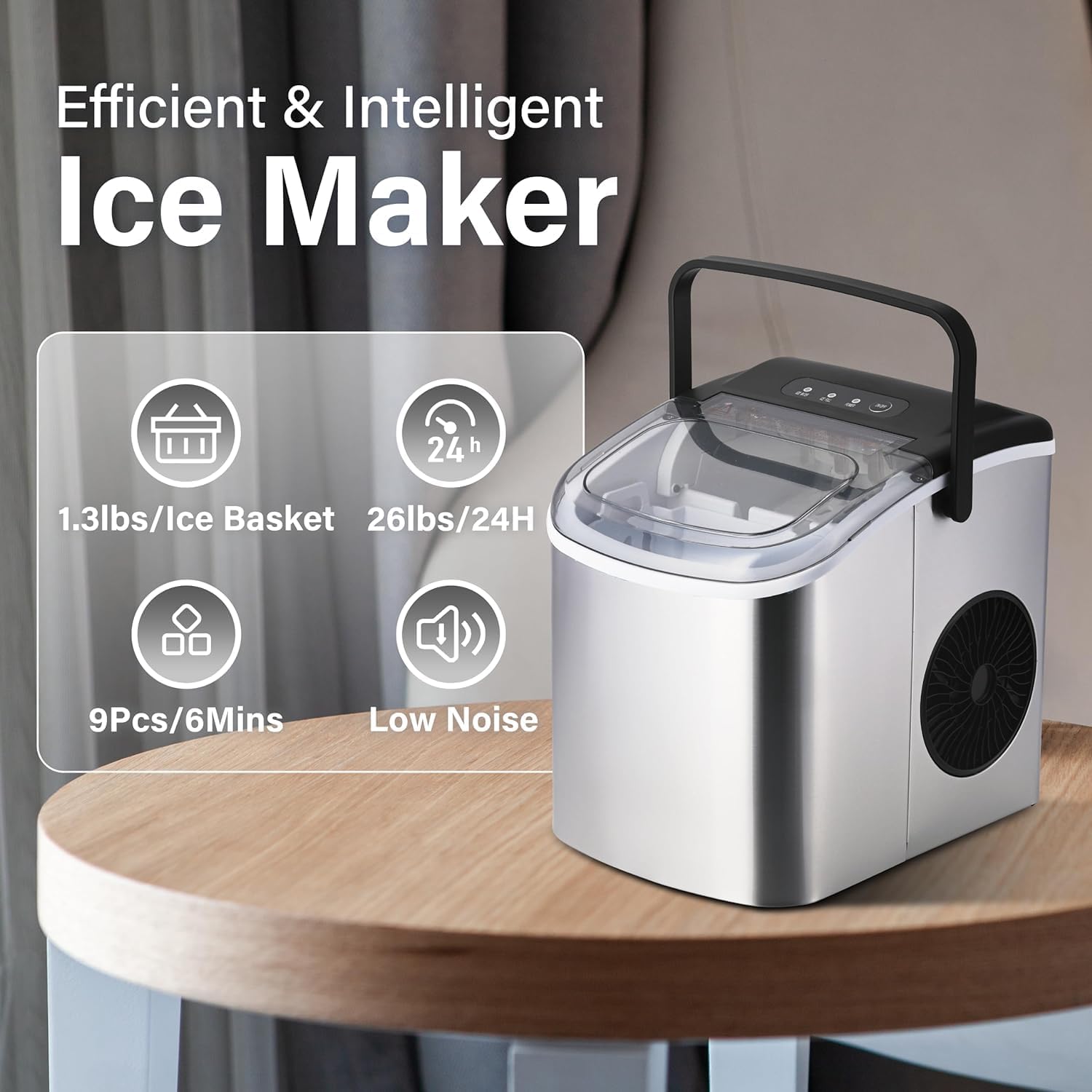 Simple Deluxe Ice Maker Machine for Countertop, 9 Ice Cubes Ready in 6 Mins, 26lbs Ice/24Hrs, Portable Ice Machine with Scoop & Basket, Self-Clean, for Home Kitchen Office Bar Party,Silver-3