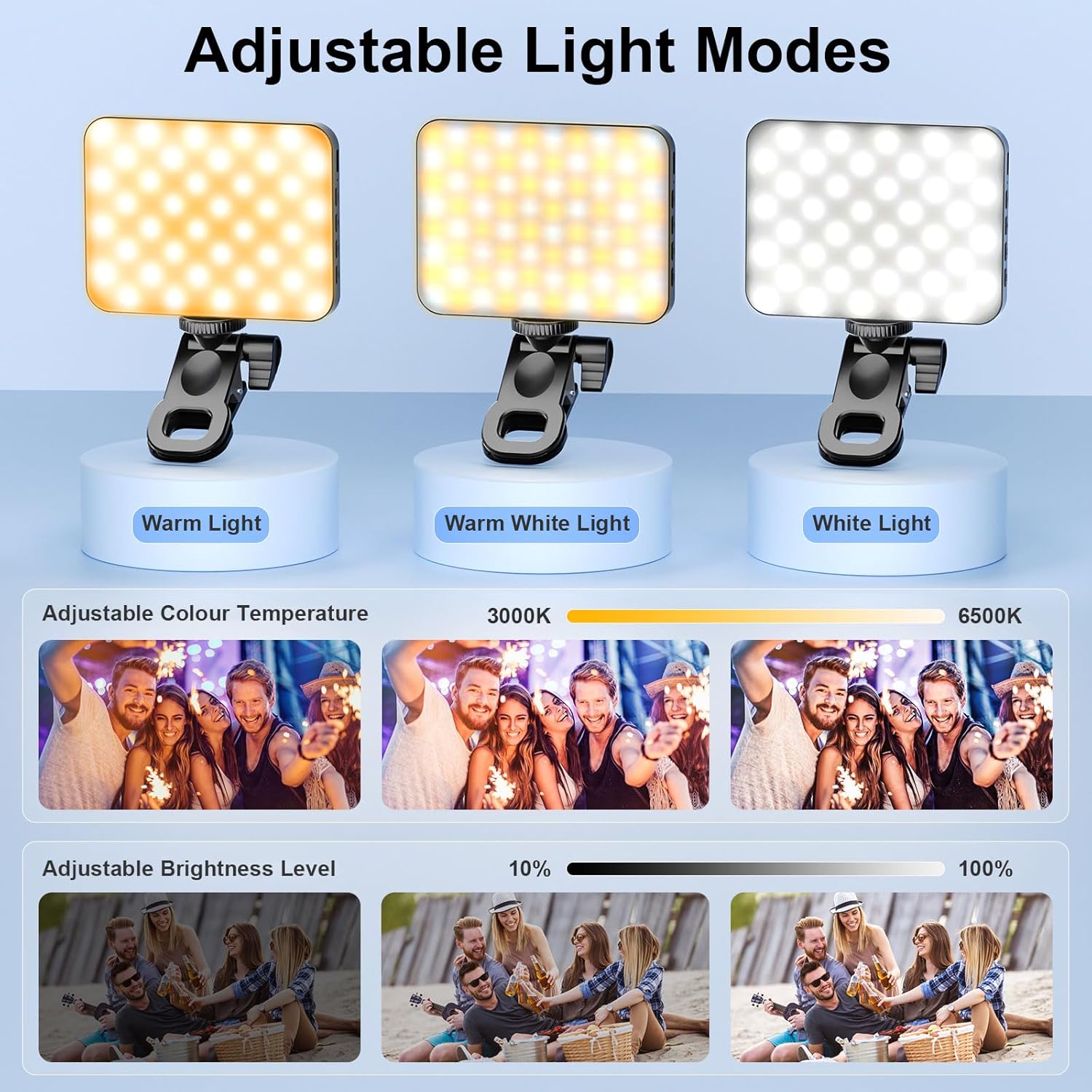 Selfie Light for Phone, 80 LED Phone Light Clip, 3000mAh Rechargeable, 3 Modes Dimmable 3000K-6500K, 10-Level Brightness Ring Light for Phone, Video Fill Light for Camera, Phone, iPad, Laptop - Black-3