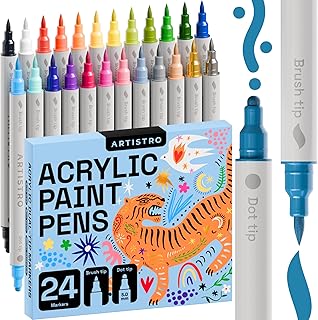 ARTISTRO Acrylic Paint Pens, Acrylic Paint Markers Dual Tip Markers, Acrylic Markers for Fabric, Canvas, Rock, Glass, Wood, Paper, DIY, Paint Markers (Dual Tip Dot + Brush, 24)