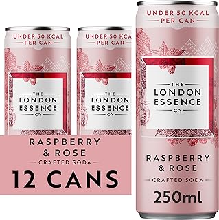 London Essence, Raspberry & Rose Crafted Soda, Premium Soft Drink, 250ml, Pack of 12 cans, No Artificial Colours Preservatives or flavours, Low Calorie