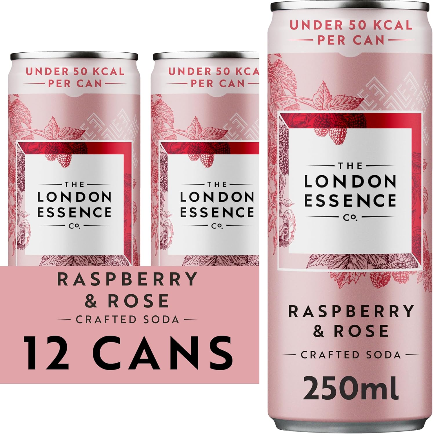 London Essence, Raspberry & Rose Crafted Soda, Premium Soft Drink, 250ml, Pack of 12 cans, No Artificial Colours Preservatives or flavours, Low Calorie-0