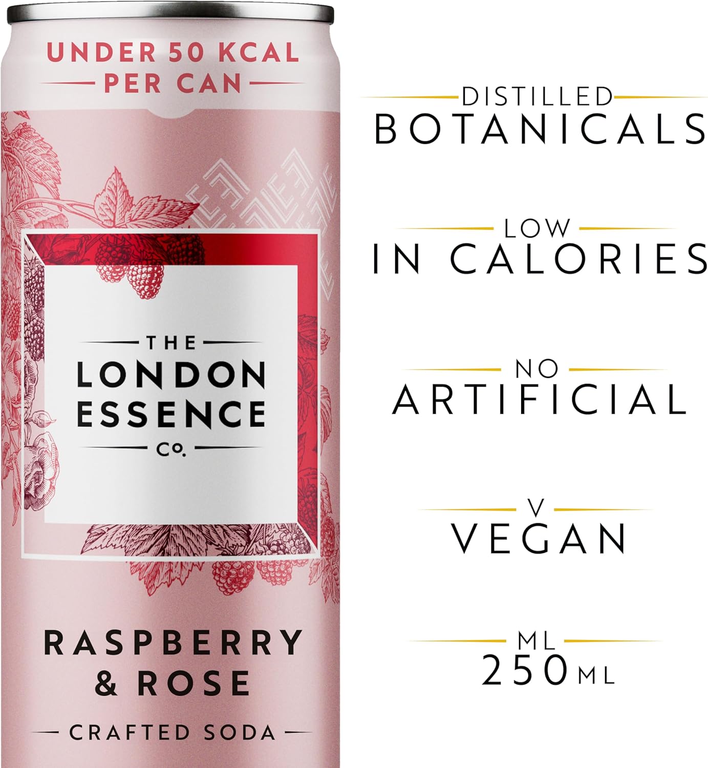 London Essence, Raspberry & Rose Crafted Soda, Premium Soft Drink, 250ml, Pack of 12 cans, No Artificial Colours Preservatives or flavours, Low Calorie-1