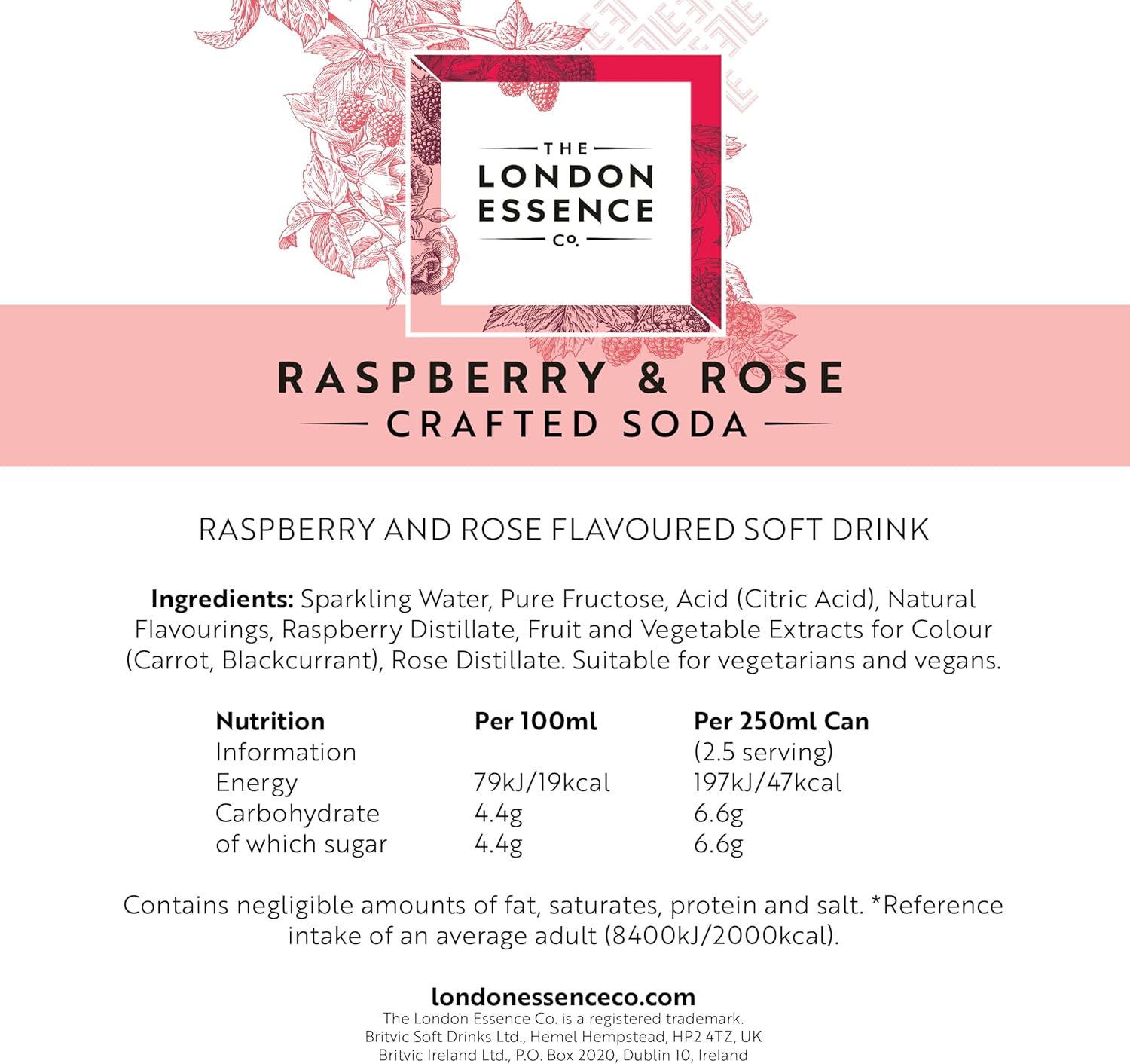 London Essence, Raspberry & Rose Crafted Soda, Premium Soft Drink, 250ml, Pack of 12 cans, No Artificial Colours Preservatives or flavours, Low Calorie-3