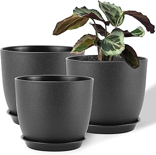 FORAGIFT 25/23/20cm Plant Pots Indoor, 3 Pack Modern Decorative Plastic Planters with Drainage Holes and Tray for House Plants, Black