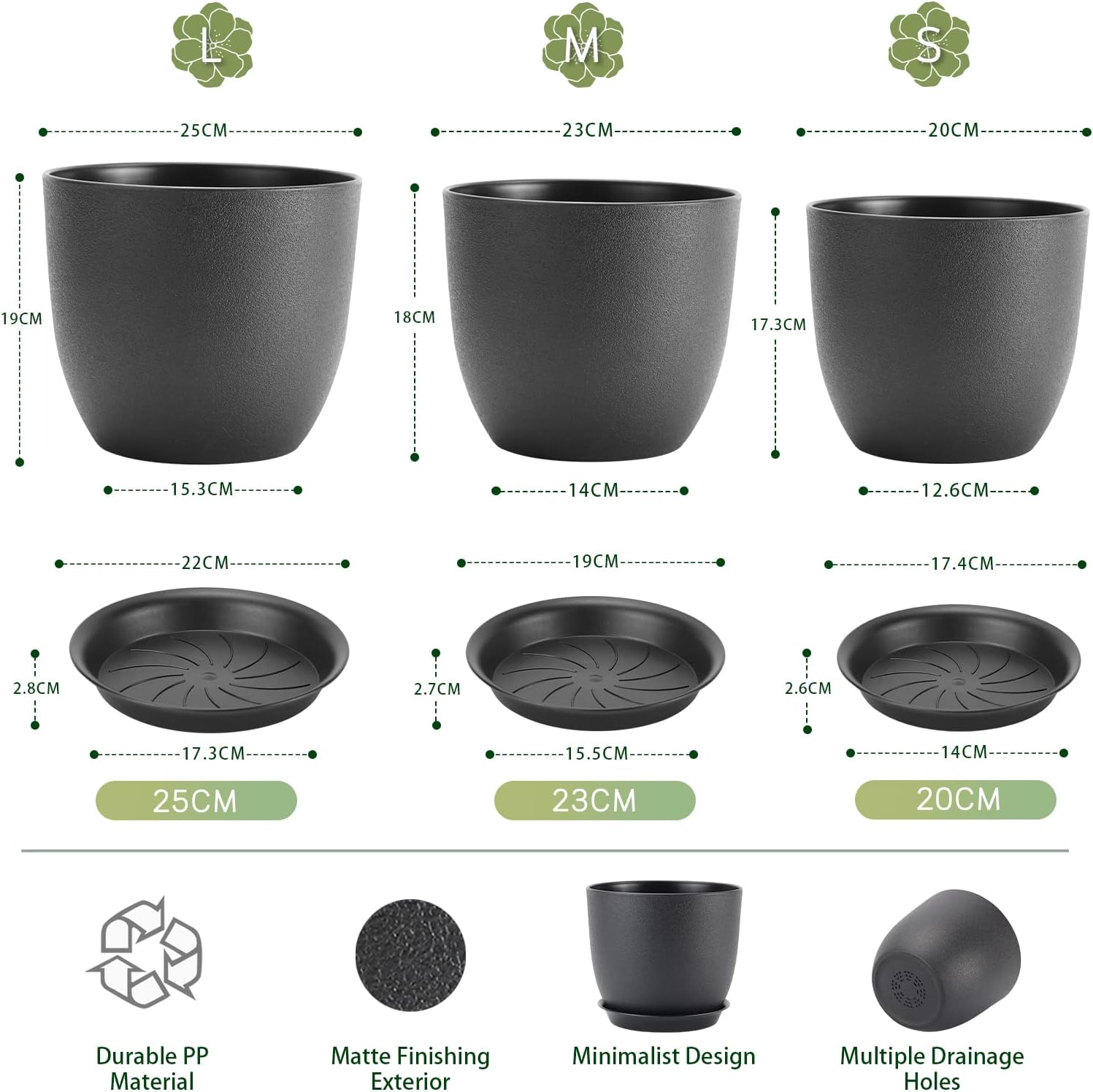 FORAGIFT 25/23/20cm Plant Pots Indoor, 3 Pack Modern Decorative Plastic Planters with Drainage Holes and Tray for House Plants, Black-1