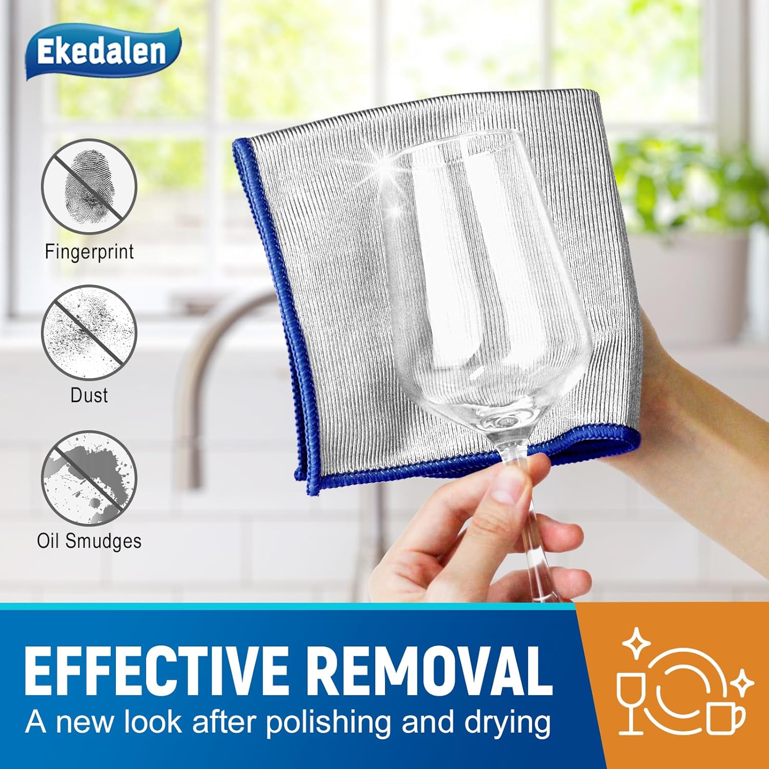 Ekedalen 6X Glass Cleaning Cloth, Double-Sided Microfibre Cleaning Cloths for Home all Purpose, Polishing Cloth for Wine Glass, Windows and Mirrors, Tea Towels for Kitchen Dish Cloths for Washing Up-1