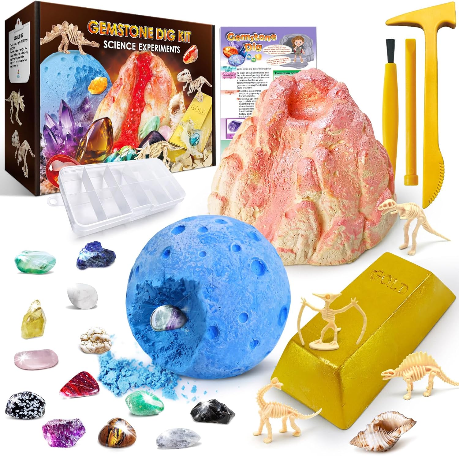 UNGLINGA Gemstone Excavation Kit Gem Rock Dig Science Experiments for Kids, Excavate 15 Gems and 4 Plastic Dinosaur Fossil Skeletons, Christmas Birthday Toys Gifts Idea for Girls and Boys-0