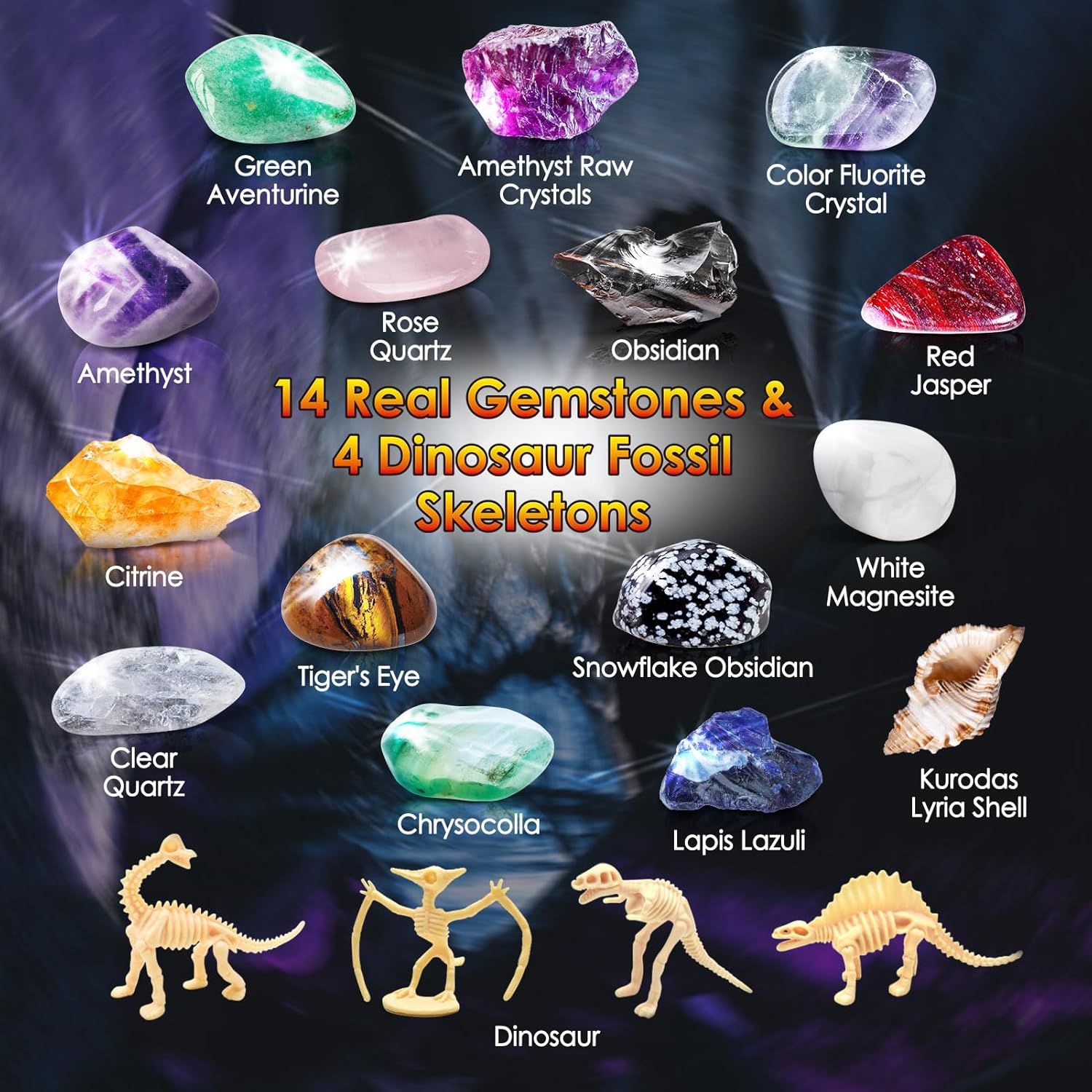 UNGLINGA Gemstone Excavation Kit Gem Rock Dig Science Experiments for Kids, Excavate 15 Gems and 4 Plastic Dinosaur Fossil Skeletons, Christmas Birthday Toys Gifts Idea for Girls and Boys-1