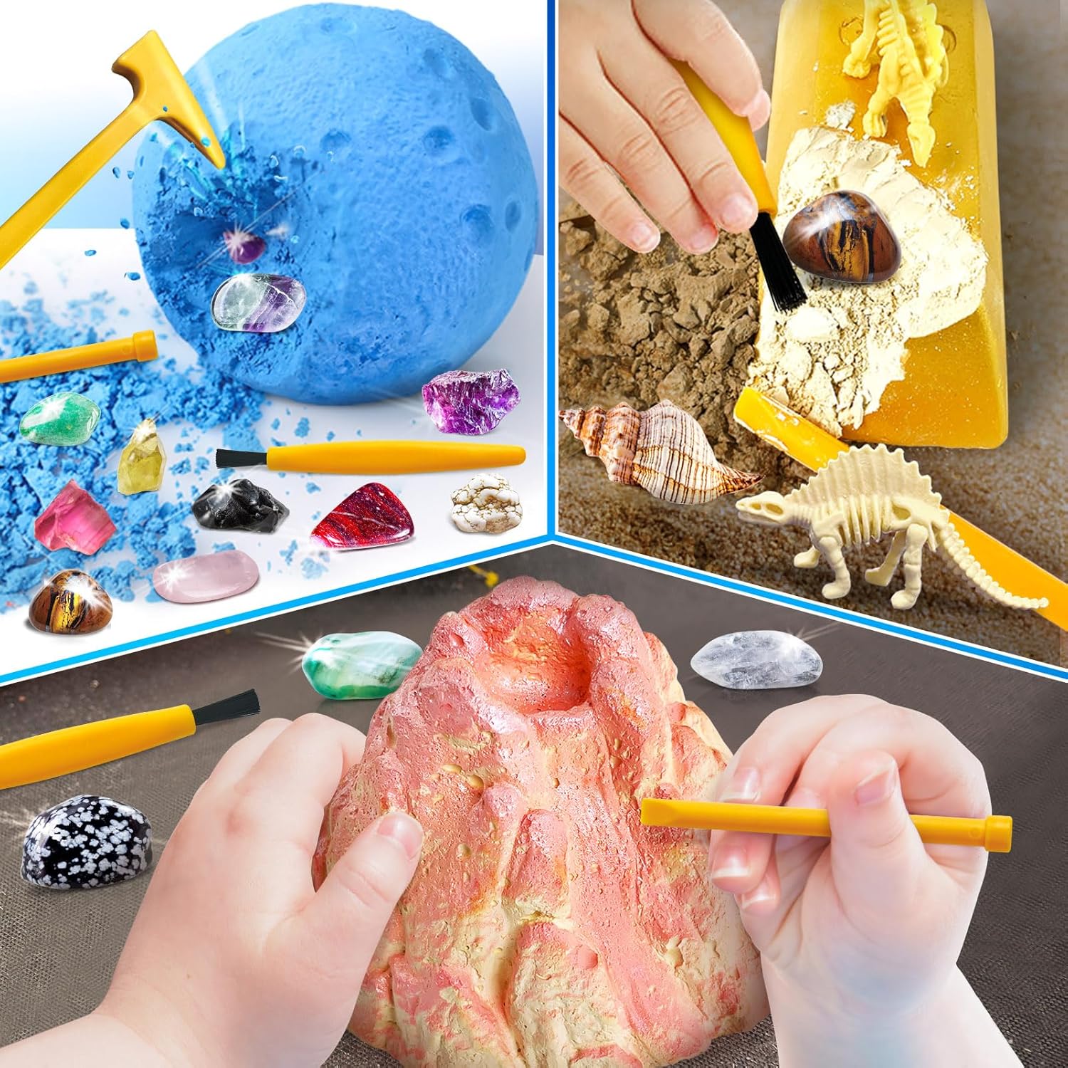 UNGLINGA Gemstone Excavation Kit Gem Rock Dig Science Experiments for Kids, Excavate 15 Gems and 4 Plastic Dinosaur Fossil Skeletons, Christmas Birthday Toys Gifts Idea for Girls and Boys-2