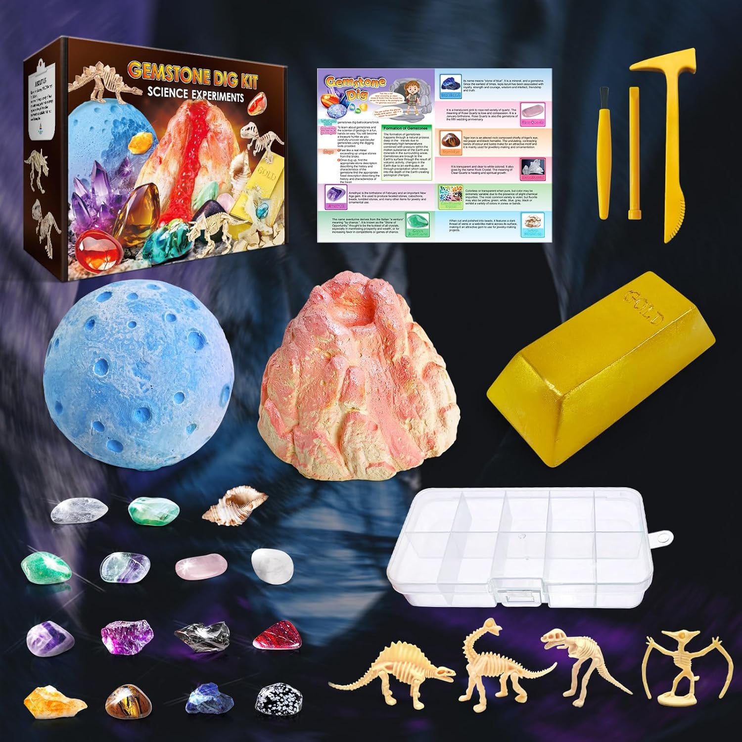 UNGLINGA Gemstone Excavation Kit Gem Rock Dig Science Experiments for Kids, Excavate 15 Gems and 4 Plastic Dinosaur Fossil Skeletons, Christmas Birthday Toys Gifts Idea for Girls and Boys-4