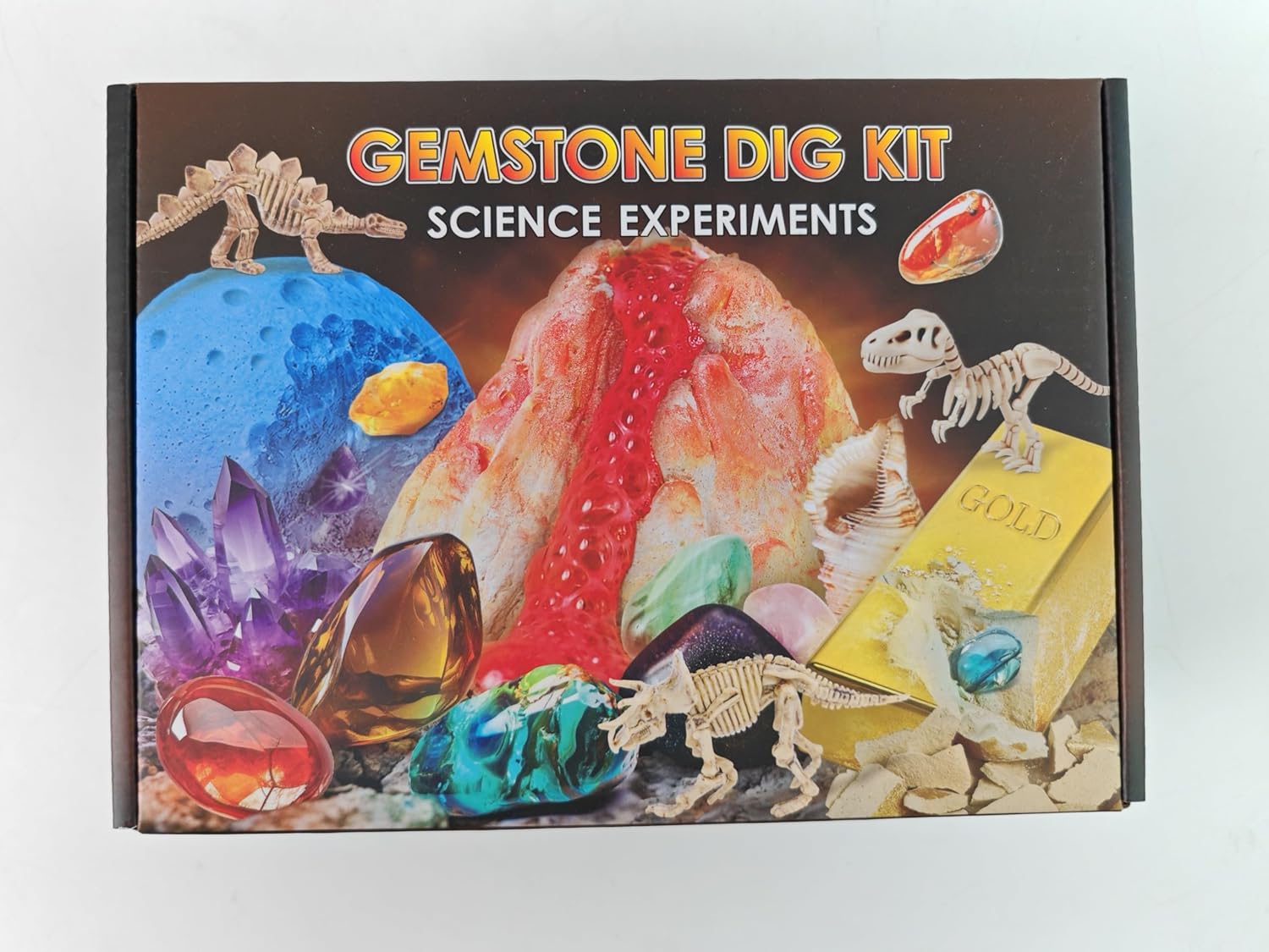 UNGLINGA Gemstone Excavation Kit Gem Rock Dig Science Experiments for Kids, Excavate 15 Gems and 4 Plastic Dinosaur Fossil Skeletons, Christmas Birthday Toys Gifts Idea for Girls and Boys-9