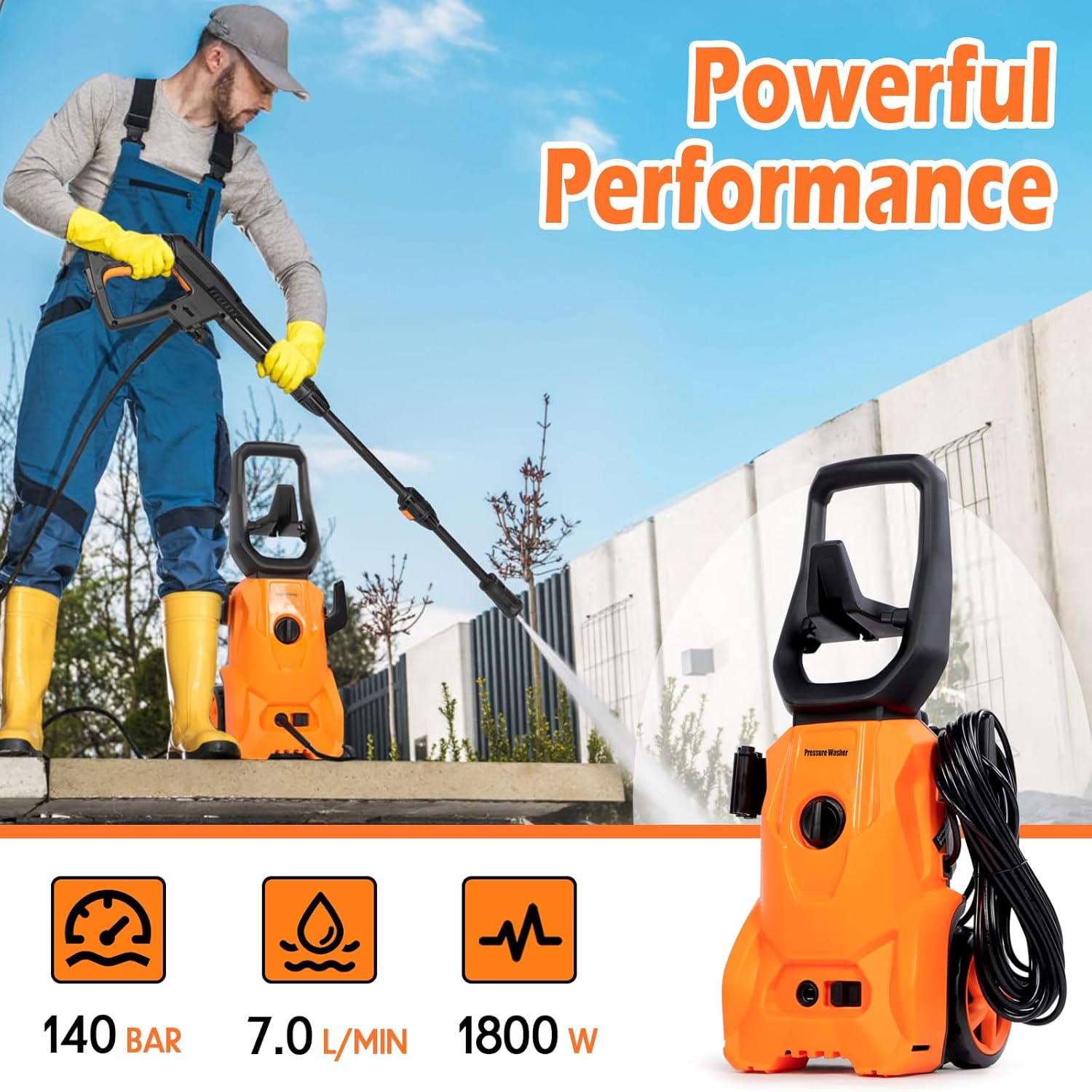 Electric Pressure Washer,1800w,140Bar,7L/min,Power Washer with Adjustable Nozzle Accessory,Foam Cannon,Jet Washer pressure Washer for Home/Car/Driveway/Patio Furniture-1