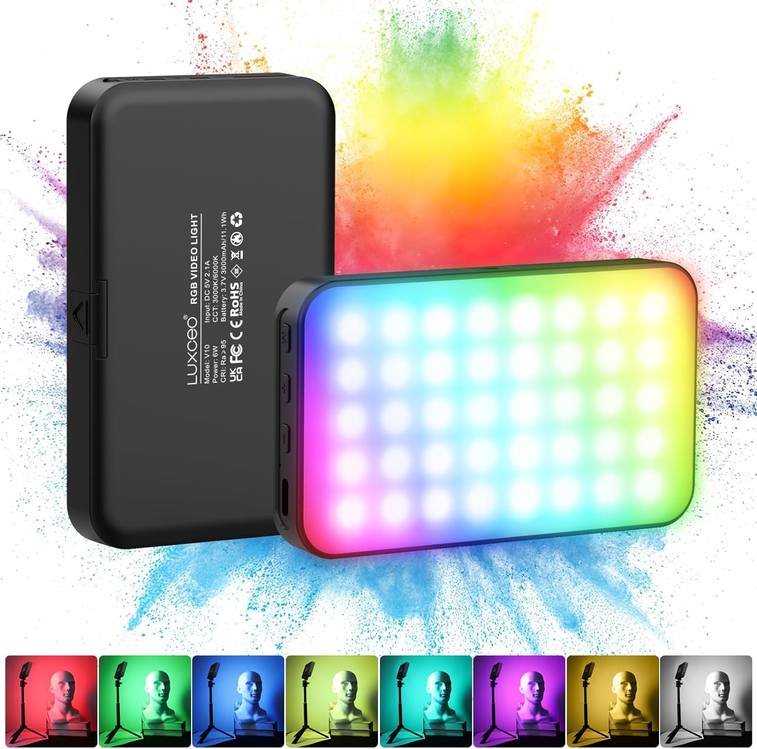 RGB LED Video Light V10, Portable LED Camera Light Panel 8 Colors 4 Scenes, CRI 95+ 3000K/6000K, 3000 mAh Rechargeable Battery LED DSLR Lighting for Vlog, Photography, Video Conference-0