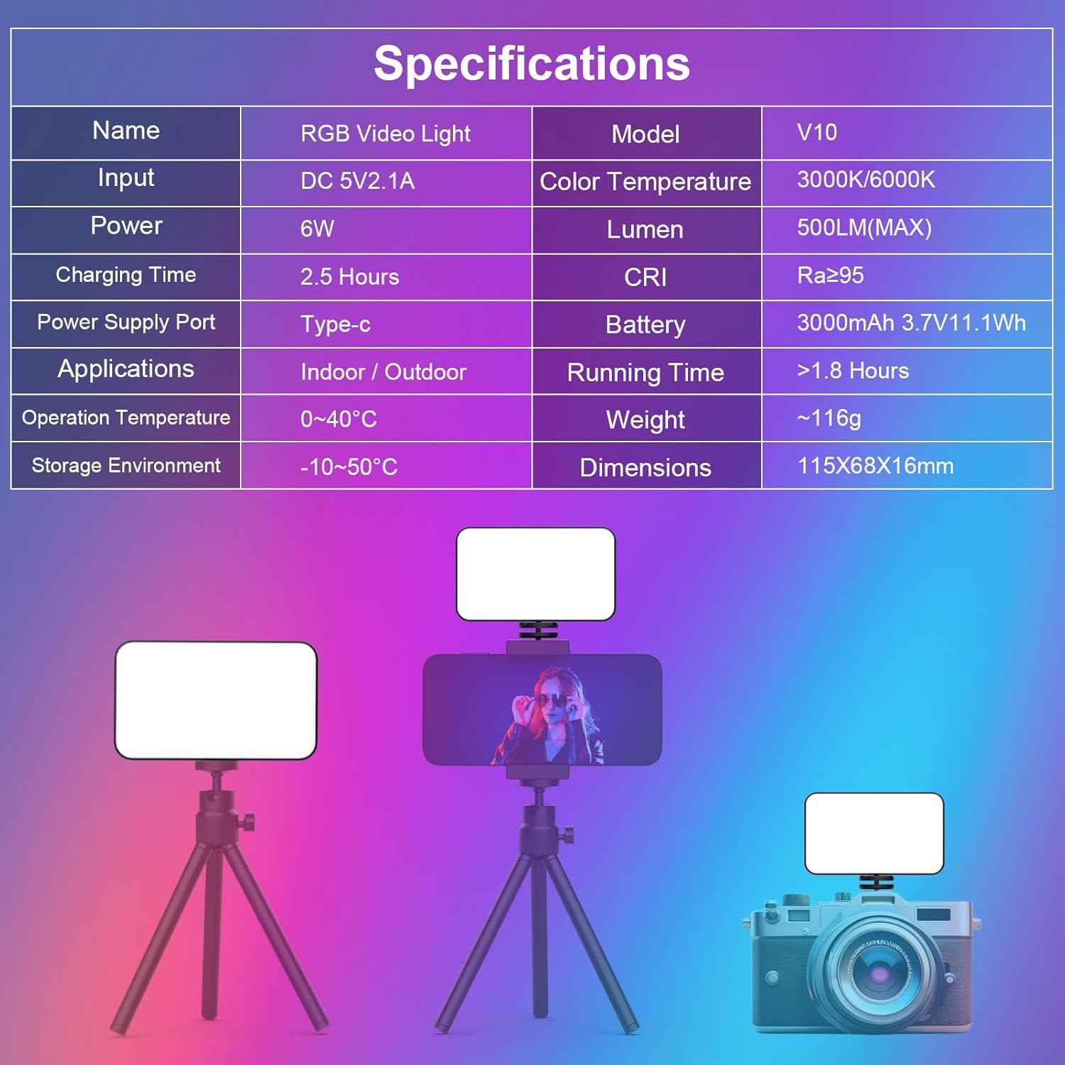 RGB LED Video Light V10, Portable LED Camera Light Panel 8 Colors 4 Scenes, CRI 95+ 3000K/6000K, 3000 mAh Rechargeable Battery LED DSLR Lighting for Vlog, Photography, Video Conference-7