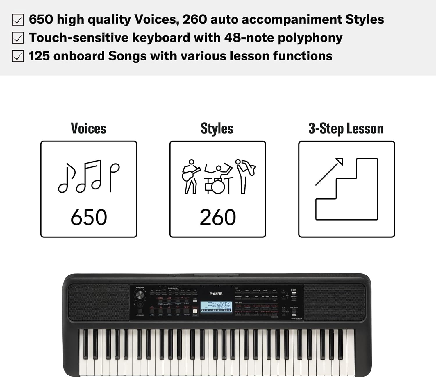 Yamaha PSR-E383 Portable Keyboard for Beginners, 650 Authentic Instrument Voices and Touch-Sensitive Keys with 48-Note Polyphony, Includes 2 Online Lessons with Yamaha Music School Teacher-4