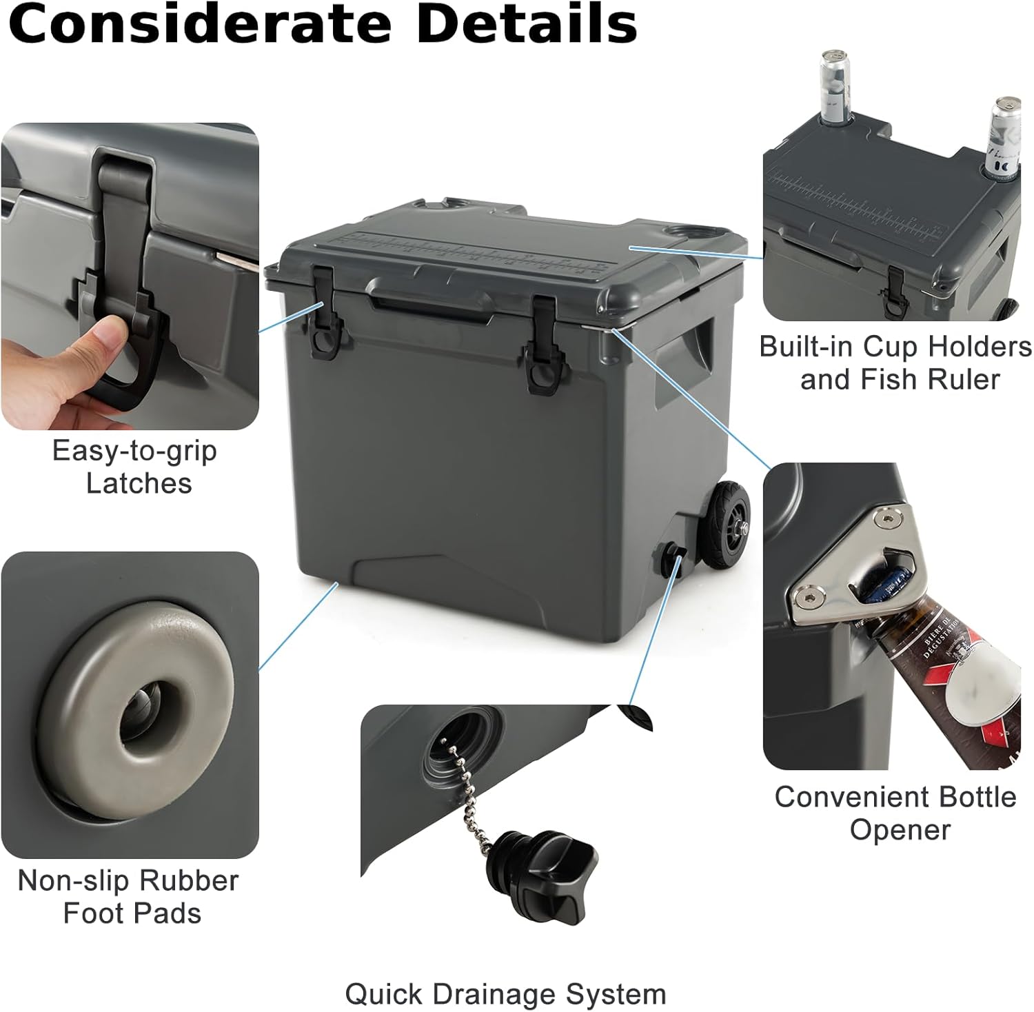 TANGZON 40L Wheeled Hard Cooler, Portable Insulated Ice Chest with Built-in Cup holders, Bottle Opener, Ruler & Drainage System, Rotomolded Cooler Box for Camping Hiking Traveling Picnic-4