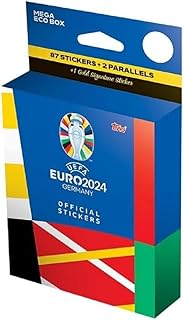 Topps Official Euro 2024 Sticker Collection - Mega Eco Box - contains 87 EURO 2024 stickers, 2 parallel stickers plus 1 Gold Signature Series sticker.