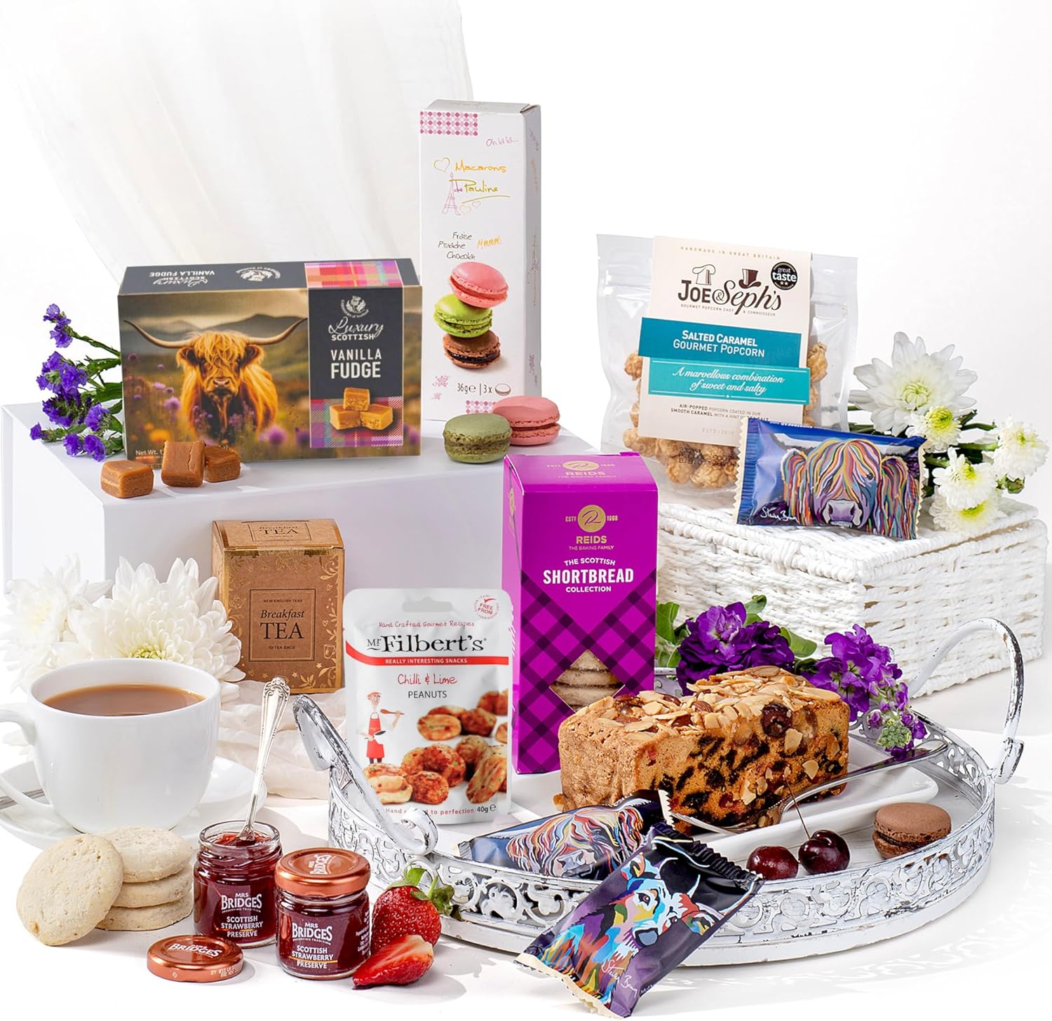 Hattie's Gifts Luxury Christmas Food Hamper | Afternoon Tea Hamper, Hampers & Gourmet Gifts, Birthday Hamper - Gourmet Snacks with Tea, Cake, Fudge, Macarons, Jam, Shortbread, Nuts, Popcorn-0