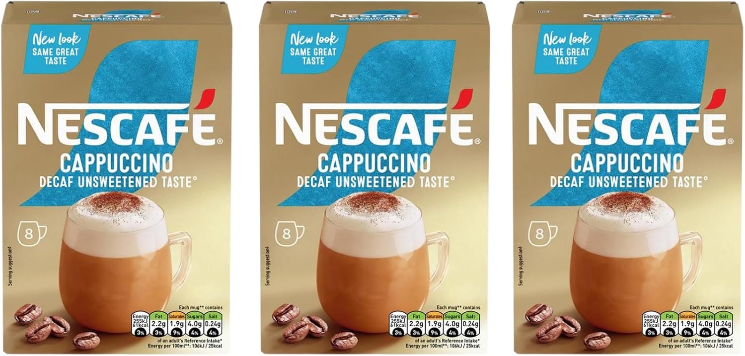 Coffee Multipack With 3x Nescafe Cappuccino Unsweetened Taste Decaf Gold Mix Coffee Boxes - 24 Nescafe Cappuccino Coffee Sachets - 8 per pack - with Unique Gift Harbour Coffee Guide-0