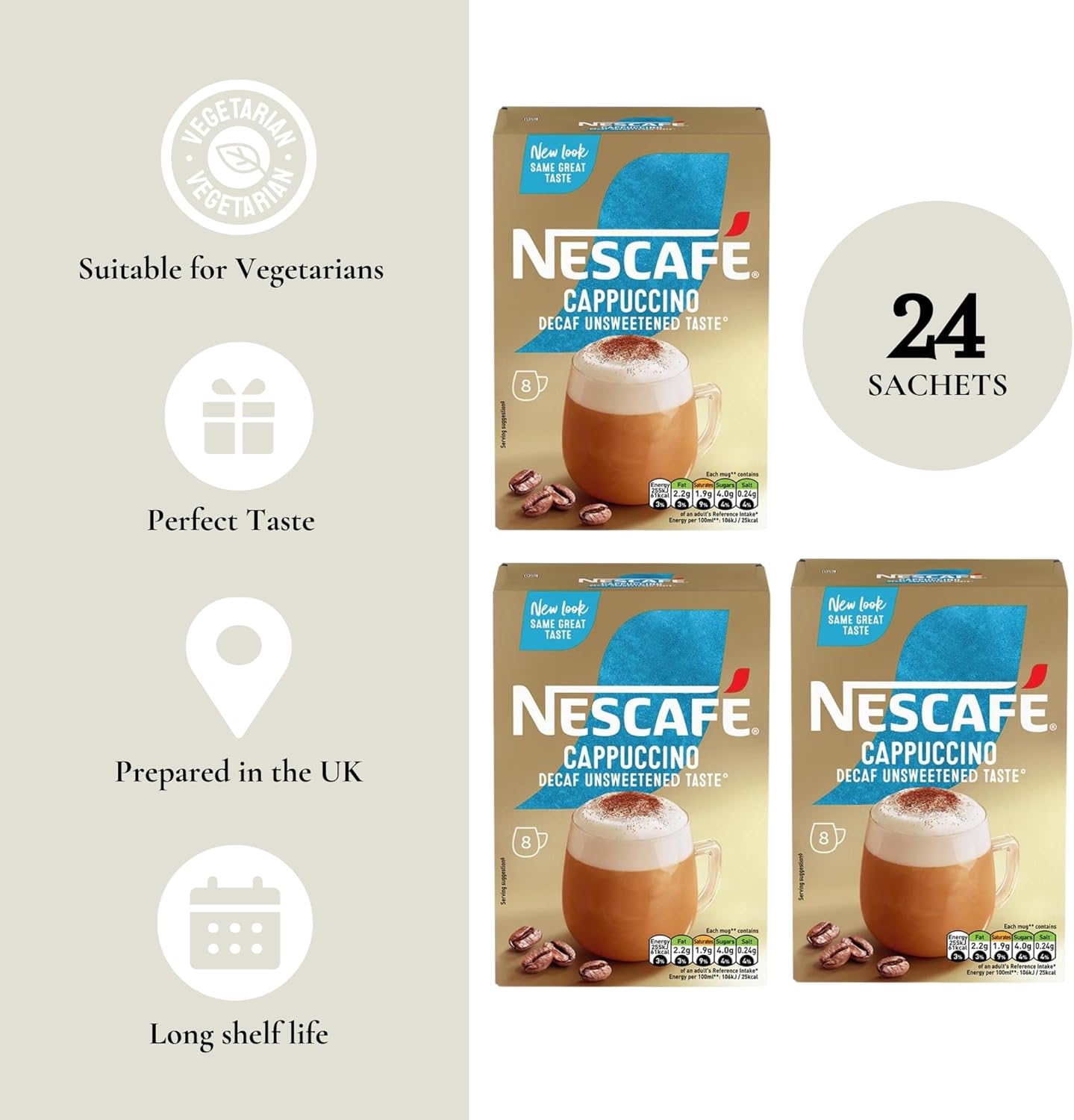 Coffee Multipack With 3x Nescafe Cappuccino Unsweetened Taste Decaf Gold Mix Coffee Boxes - 24 Nescafe Cappuccino Coffee Sachets - 8 per pack - with Unique Gift Harbour Coffee Guide-2