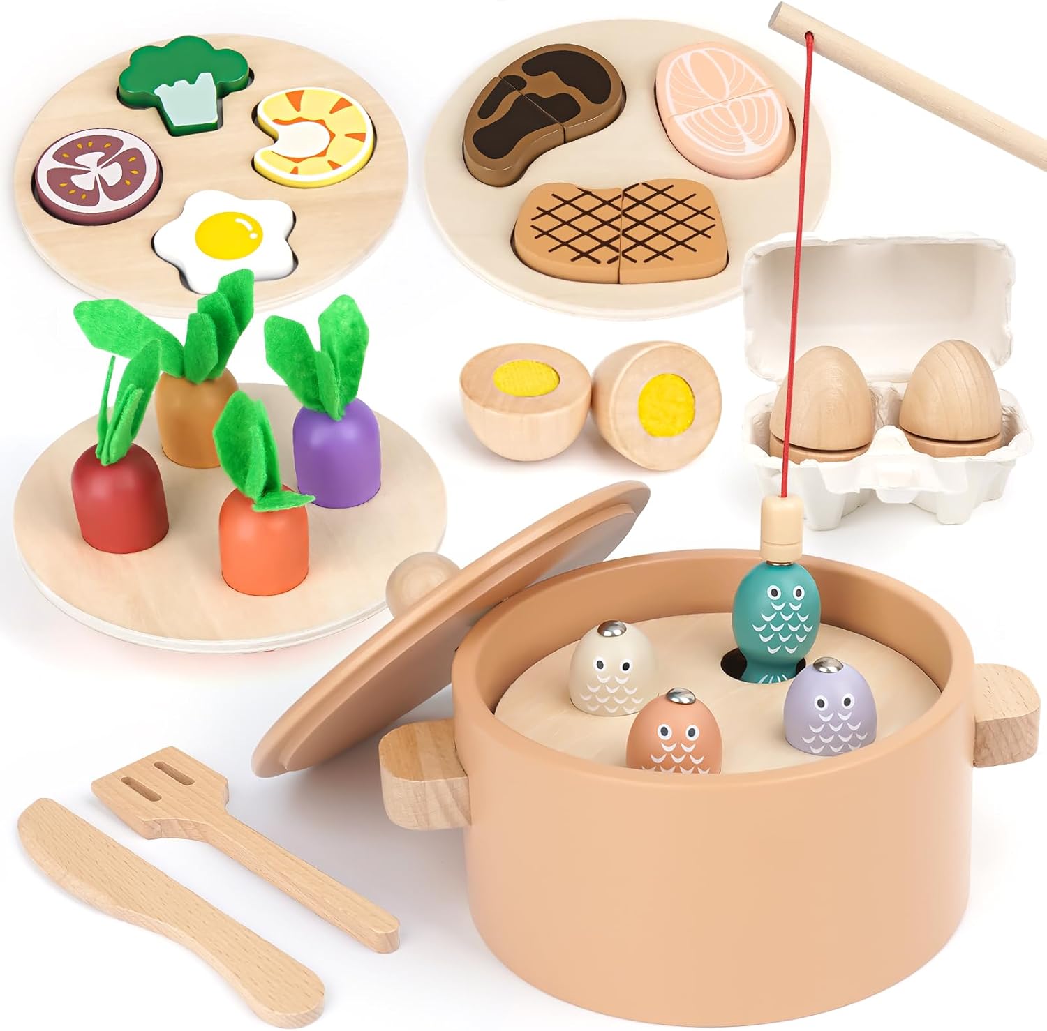 Dreamon Woodeen Toy Kitchen Set, Wooden Montessori Fishing Game Toys, Sensory Toddler Toys Educational Gift for 2 3 4 Year Olds Girls Boys-0