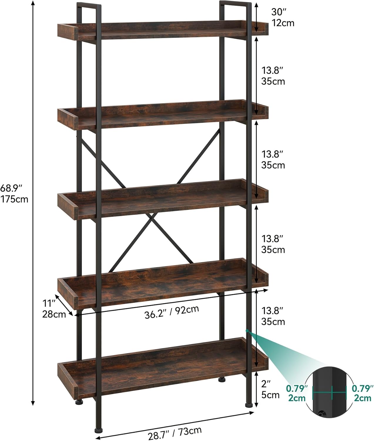 YITAHOME Bookcase, 5 Tier Industrial Bookshelf Freestanding Shelving Unit with Metal Frame Book Case Display Storage Rack for Living Room, Hallway, Home, Bedroom, Office, Rustic Brown Book Shelf-1