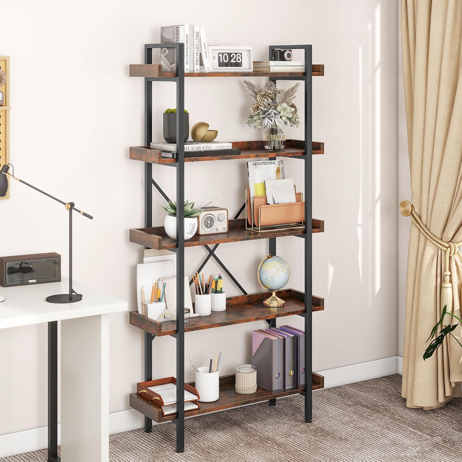 YITAHOME Bookcase, 5 Tier Industrial Bookshelf Freestanding Shelving Unit with Metal Frame Book Case Display Storage Rack for Living Room, Hallway, Home, Bedroom, Office, Rustic Brown Book Shelf-2