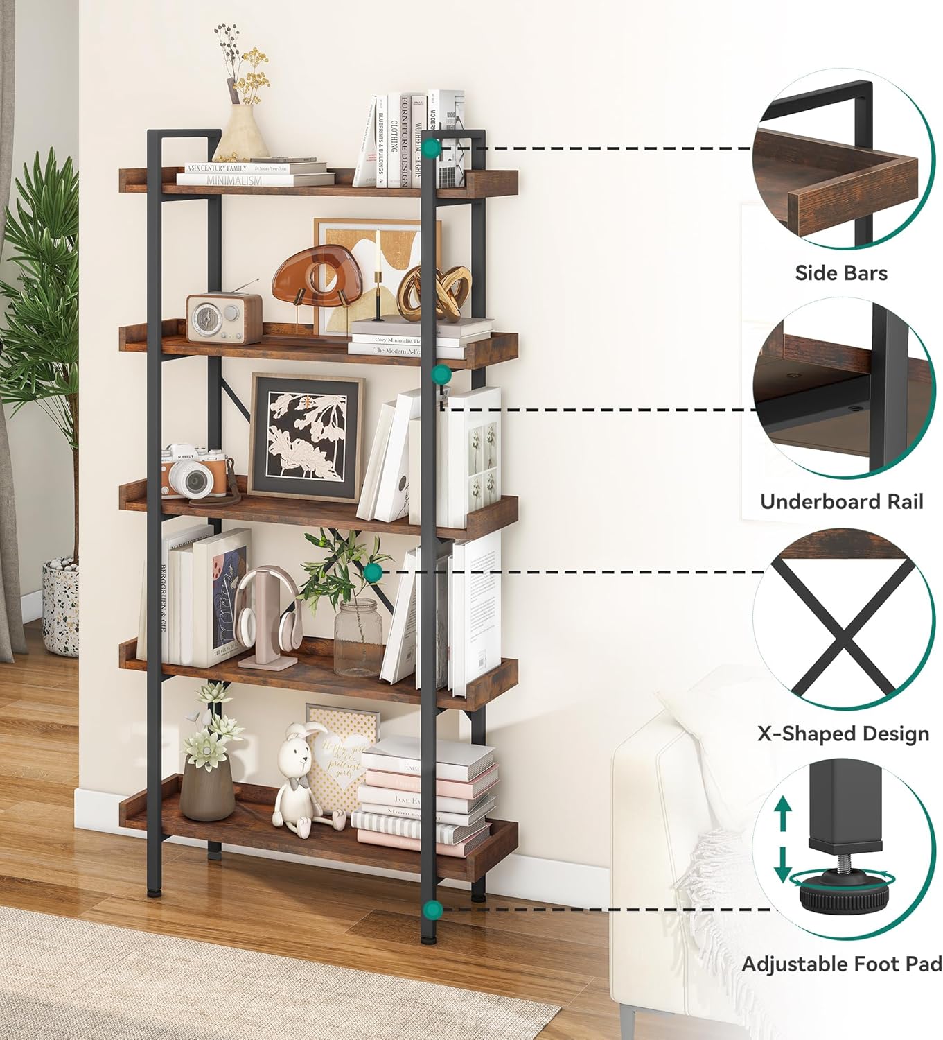 YITAHOME Bookcase, 5 Tier Industrial Bookshelf Freestanding Shelving Unit with Metal Frame Book Case Display Storage Rack for Living Room, Hallway, Home, Bedroom, Office, Rustic Brown Book Shelf-3