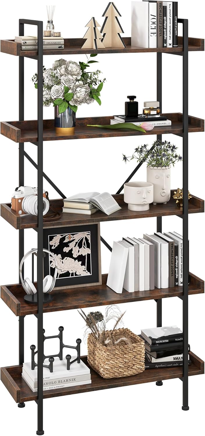 YITAHOME Bookcase, 5 Tier Industrial Bookshelf Freestanding Shelving Unit with Metal Frame Book Case Display Storage Rack for Living Room, Hallway, Home, Bedroom, Office, Rustic Brown Book Shelf-6