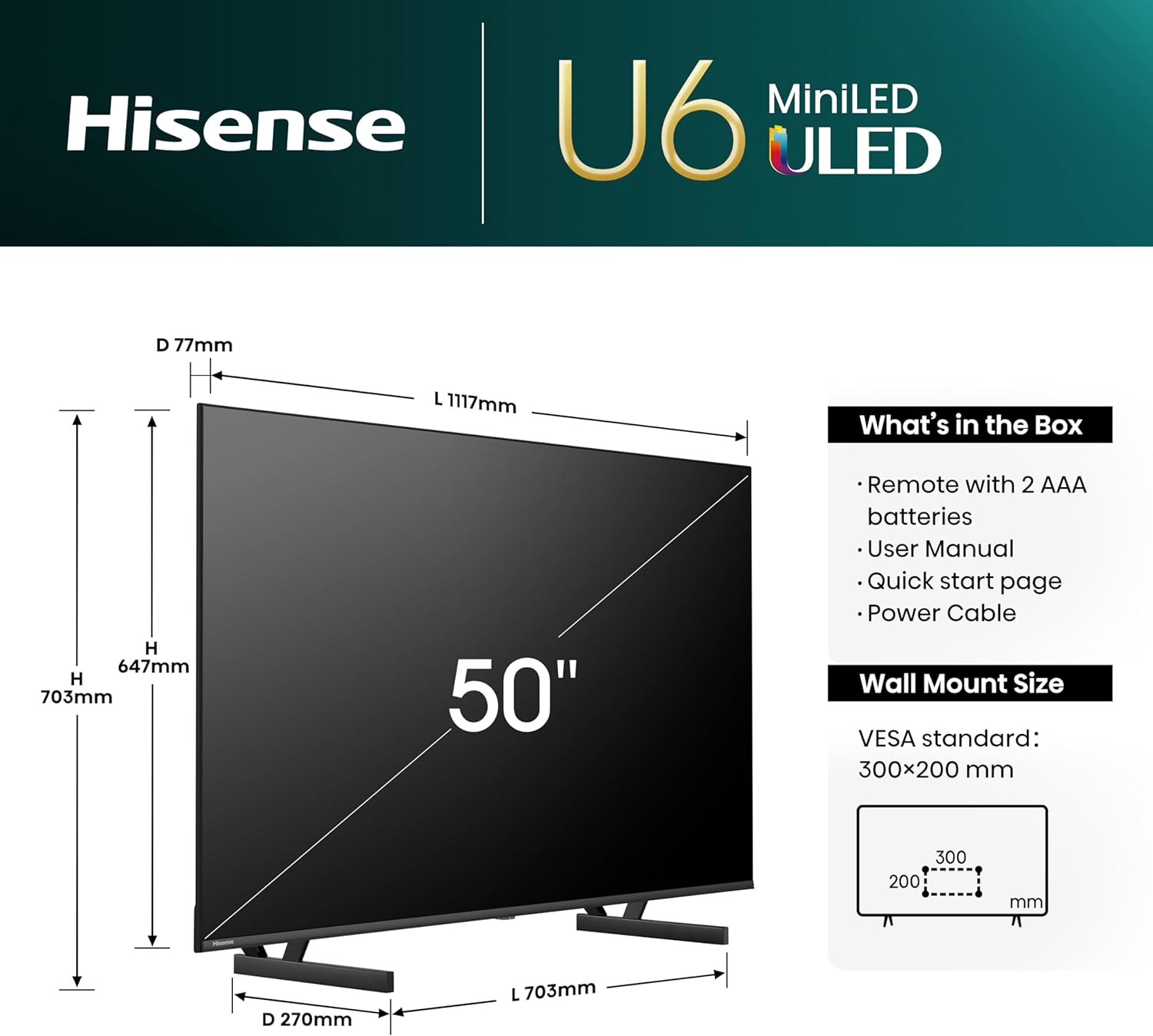 Hisense 50 Inch 4K Mini-LED TV 50U6NQTUK - Quantum Dot Colour, Dolby Vision Atmos, Hi-View Engine, FilmMaker Mode, Vidaa OS with Voice Control, Freely, Youtube, Netflix and Disney+ (2024 Model)-3