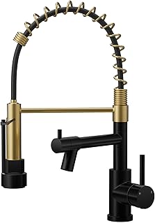 Warmiehomy Professional Kitchen Tap,High Arc Kitchen Taps with Pull Out Sprayer,360° Swivel Double Spouts Kitchen Sink Taps,Spring 1 Hole Kitchen Taps Mixer for Kitchen Bar,Black&Gold