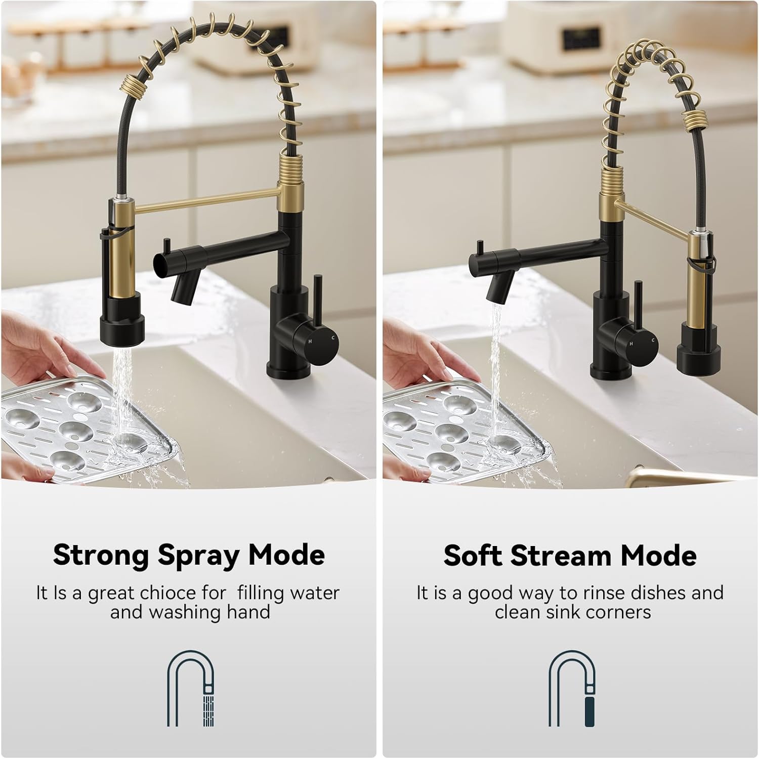 Warmiehomy Professional Kitchen Tap,High Arc Kitchen Taps with Pull Out Sprayer,360° Swivel Double Spouts Kitchen Sink Taps,Spring 1 Hole Kitchen Taps Mixer for Kitchen Bar,Black&Gold-1