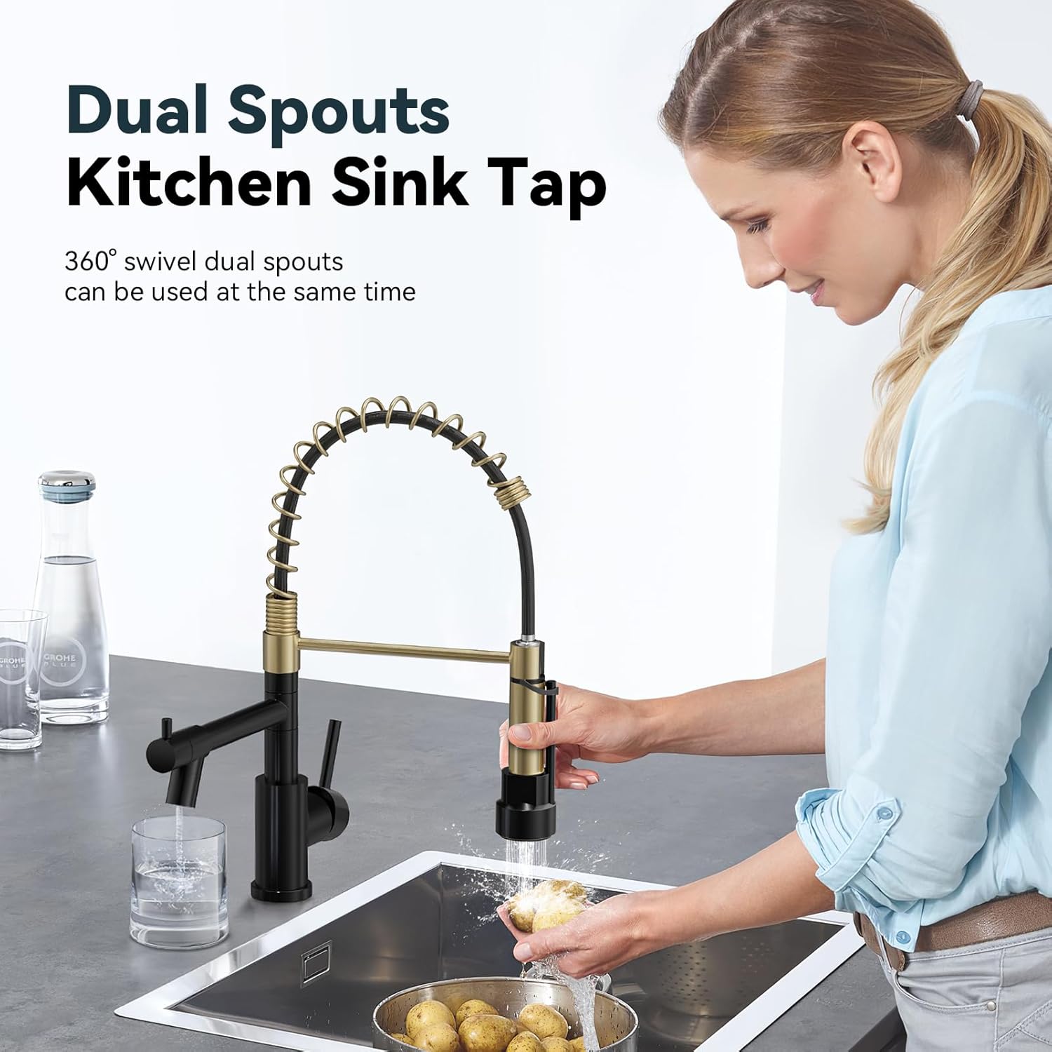 Warmiehomy Professional Kitchen Tap,High Arc Kitchen Taps with Pull Out Sprayer,360° Swivel Double Spouts Kitchen Sink Taps,Spring 1 Hole Kitchen Taps Mixer for Kitchen Bar,Black&Gold-2