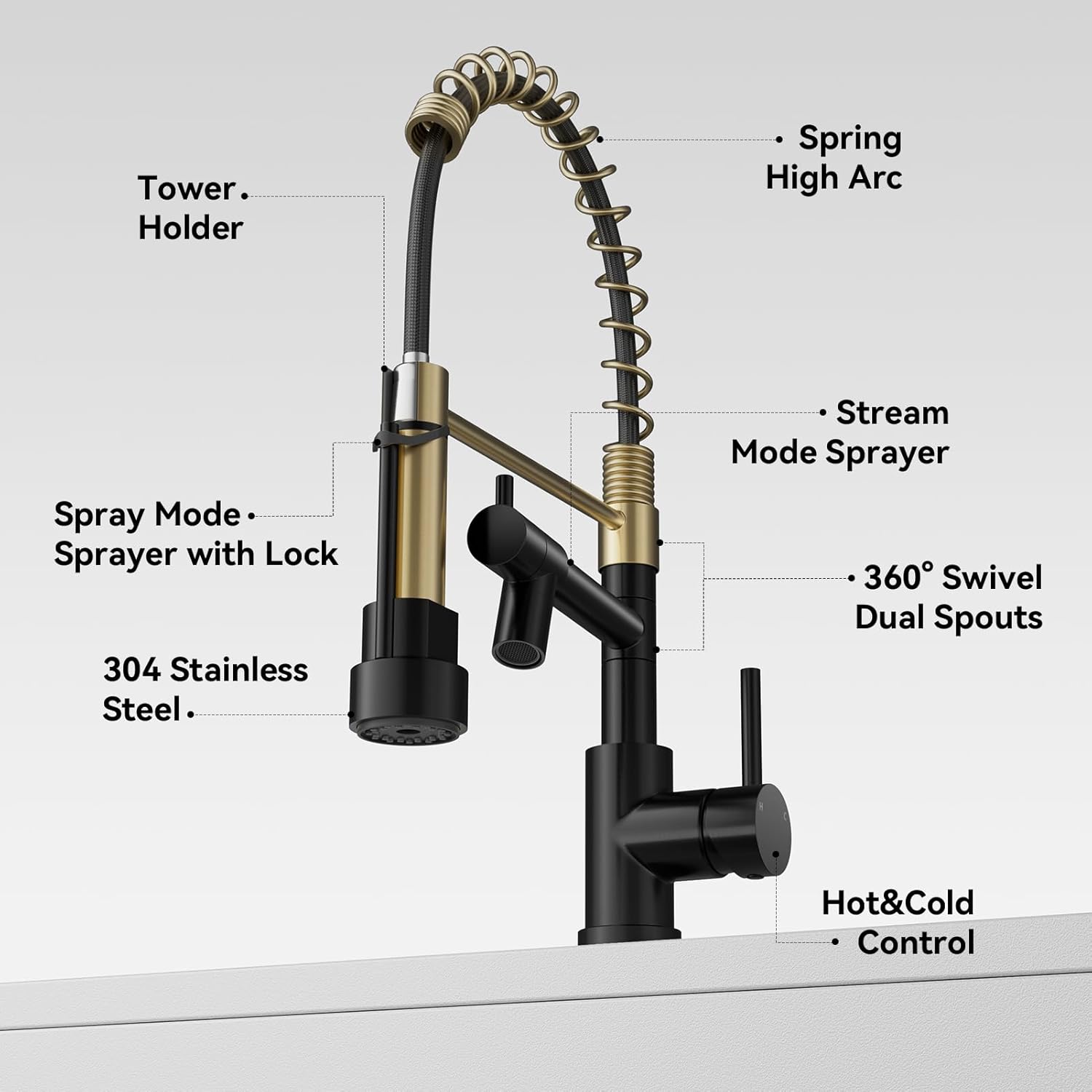 Warmiehomy Professional Kitchen Tap,High Arc Kitchen Taps with Pull Out Sprayer,360° Swivel Double Spouts Kitchen Sink Taps,Spring 1 Hole Kitchen Taps Mixer for Kitchen Bar,Black&Gold-4