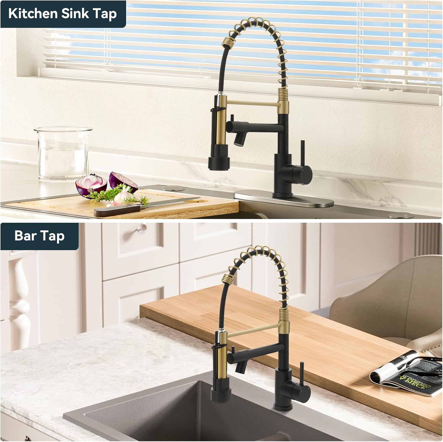 Warmiehomy Professional Kitchen Tap,High Arc Kitchen Taps with Pull Out Sprayer,360° Swivel Double Spouts Kitchen Sink Taps,Spring 1 Hole Kitchen Taps Mixer for Kitchen Bar,Black&Gold-5