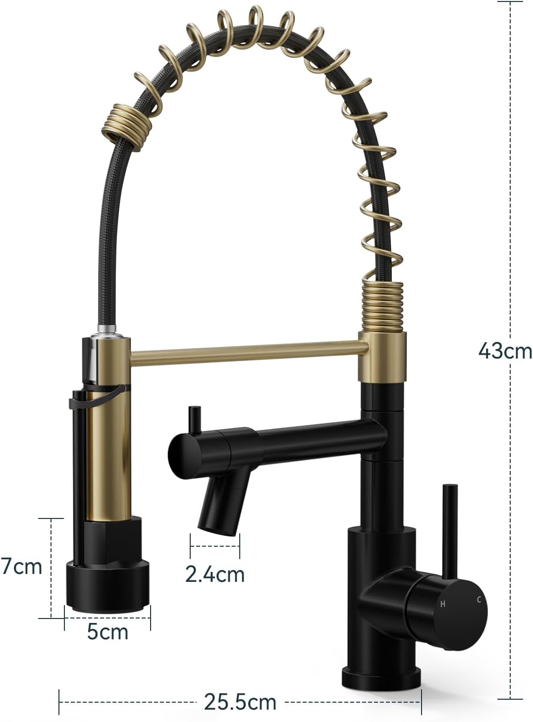 Warmiehomy Professional Kitchen Tap,High Arc Kitchen Taps with Pull Out Sprayer,360° Swivel Double Spouts Kitchen Sink Taps,Spring 1 Hole Kitchen Taps Mixer for Kitchen Bar,Black&Gold-6