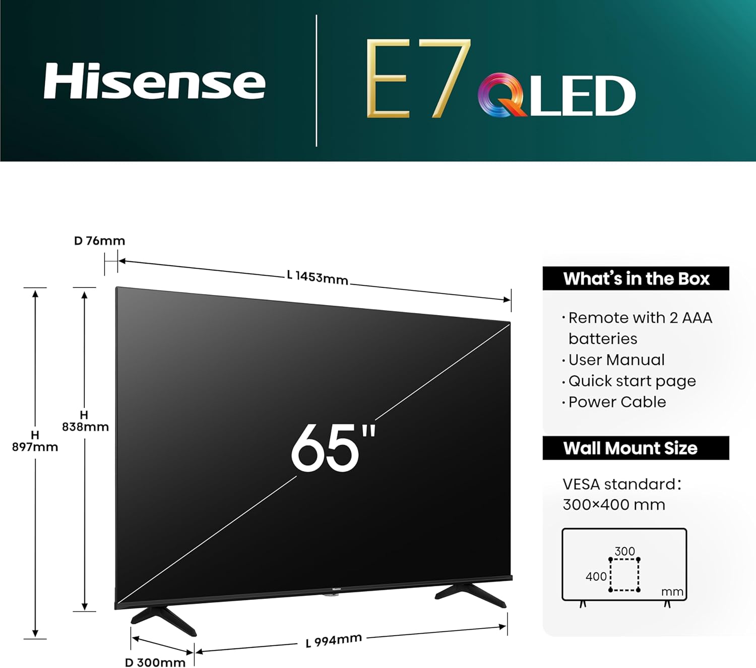 Hisense 65 Inch 4K QLED Smart TV 65E7NQTUK - Quantum Dot Colour, 4K AI Processor, Dolby Vision Atmos, Smooth Motion, Sports Mode, Vidaa OS with Freely, Youtube, Netflix and Disney+ (2024 Model)-3