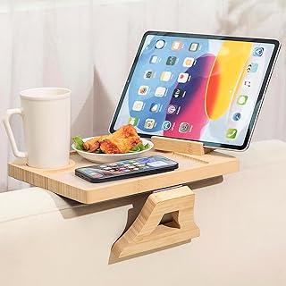 Bamboo Sofa Clip on Side Table for Wide Couches Arm, Foldable Couch Arm Table with 360°Rotating Slot Width 0.04 inches Phone Holder and Washable Silicone Pad, Sofa Arm Tray for TV Dinners, Remotes