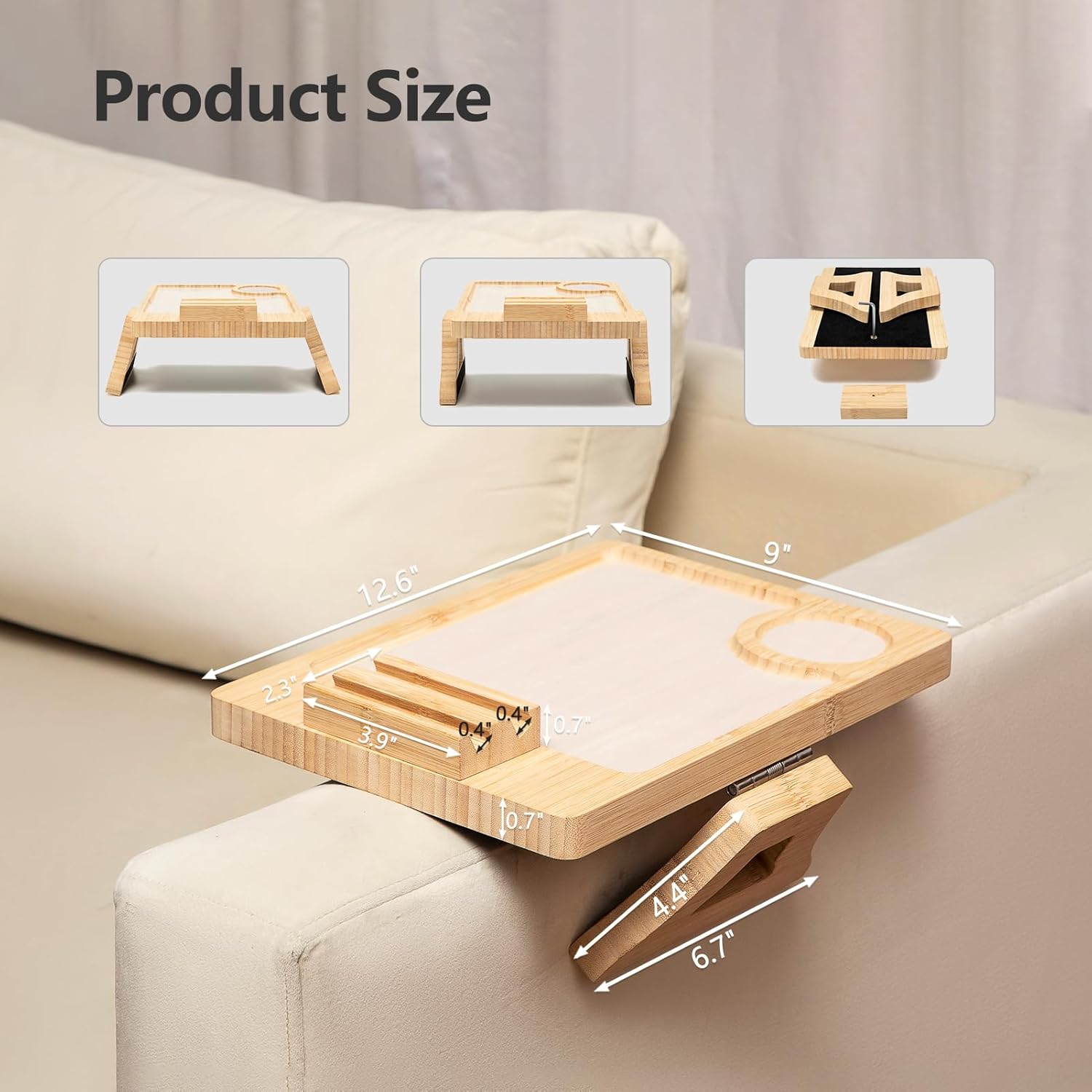 Bamboo Sofa Clip on Side Table for Wide Couches Arm, Foldable Couch Arm Table with 360°Rotating Slot Width 0.04 inches Phone Holder and Washable Silicone Pad, Sofa Arm Tray for TV Dinners, Remotes-1