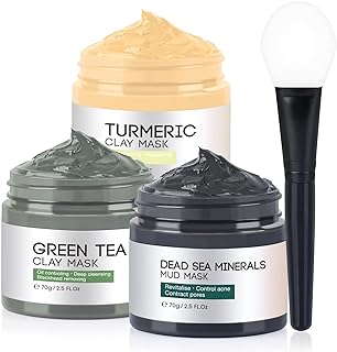 Clay Mask, Face Masks Skincare, Turmeric Clay Face Mask, Dead Sea Mud Mask, Green Tea Face Mask, Facial Mask Set for Deeply Cleansing, Reducing Pores, Acne, Dark Spots, and Oil Control - 3x70g