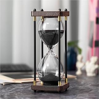 ELAINESTORE Hourglass Timer 60 Minute, Metal Wooden Frame Decorative Sand Timer (Black Sand, Large Size)