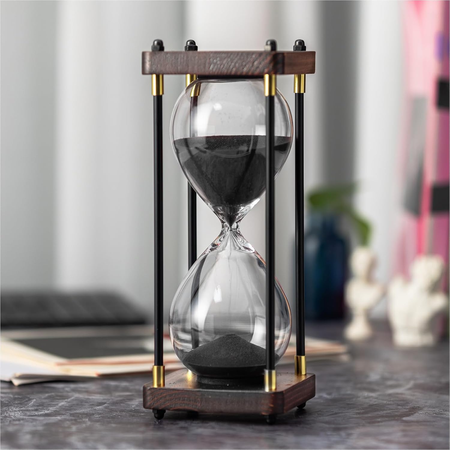 ELAINESTORE Hourglass Timer 60 Minute, Metal Wooden Frame Decorative Sand Timer (Black Sand, Large Size)-0