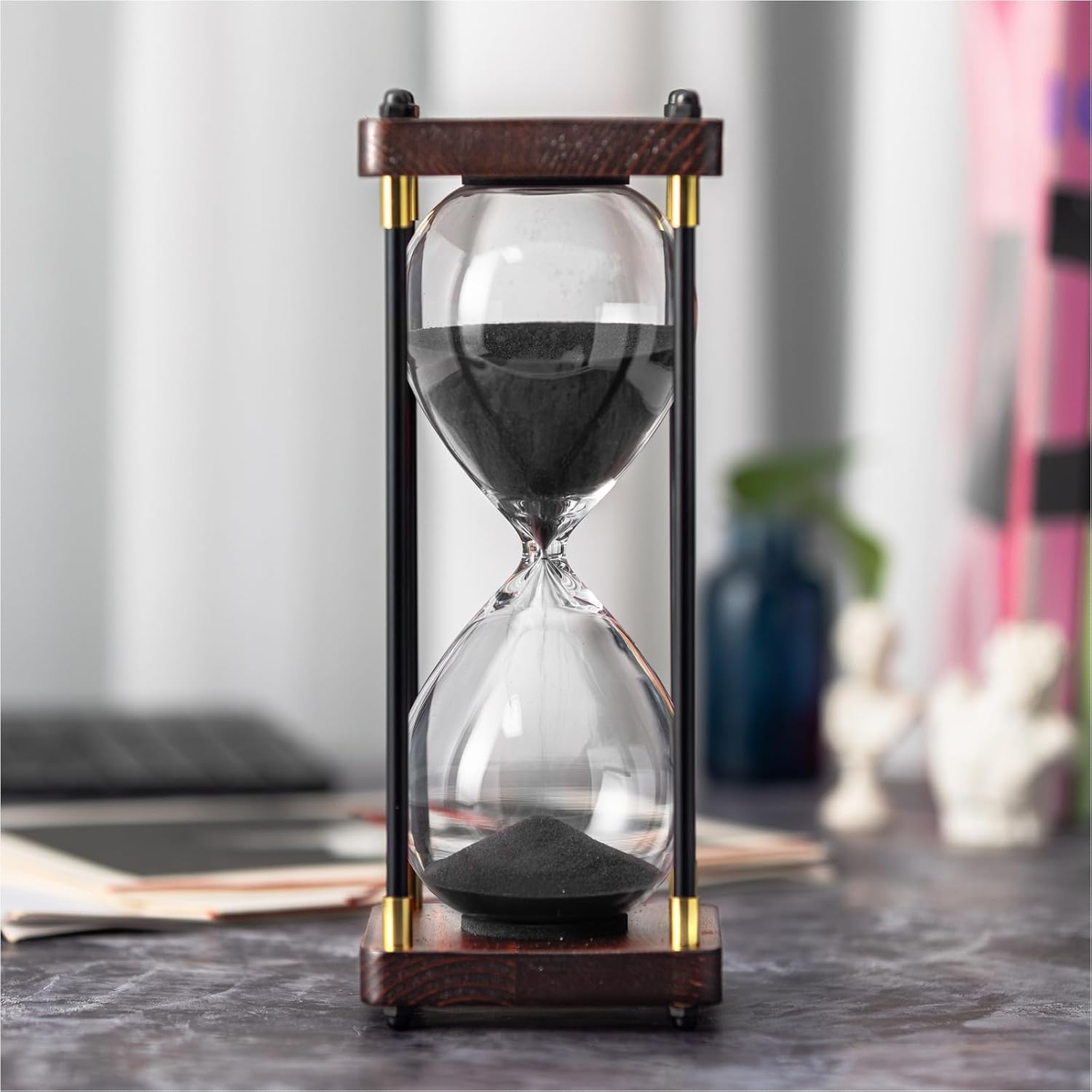 ELAINESTORE Hourglass Timer 60 Minute, Metal Wooden Frame Decorative Sand Timer (Black Sand, Large Size)-1