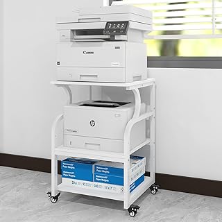 PUNCIA Large Printer Stand,Printer Table with Adjustable Storage Shelf,3 Tier Rolling Printer Cart with Wheels for Home Office Organization,Multifunctional Shelves for Heat Press,3D Printer (White)