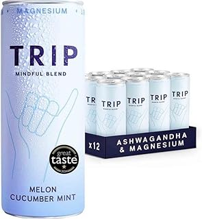 TRIP Mindful Blends - Melon Cucumber Mint Sparkling drink with Magnesium Citrate + Ashwagandha + Lion’s Mane + L-theanine. Low Calorie and Vegan (Pack of 12 x 250ml) - Packaging Might Vary