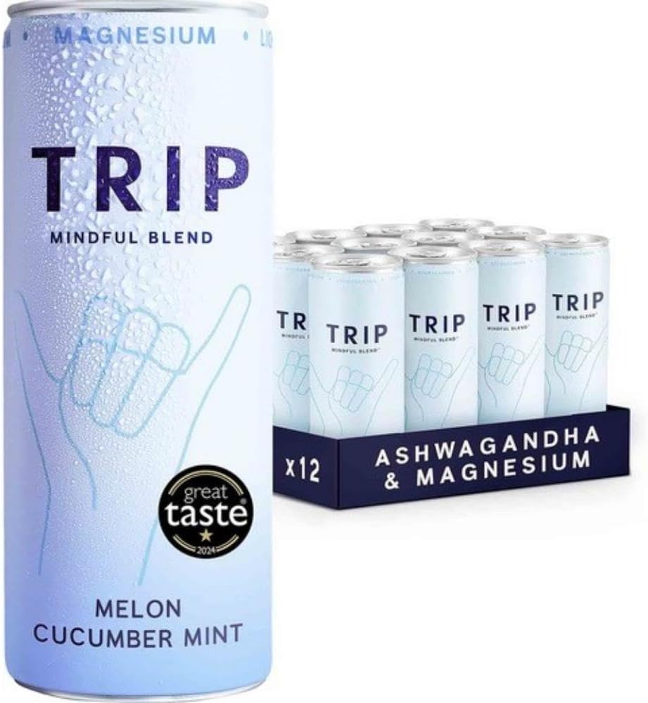 TRIP Mindful Blends - Melon Cucumber Mint Sparkling drink with Magnesium Citrate + Ashwagandha + Lion’s Mane + L-theanine. Low Calorie and Vegan (Pack of 12 x 250ml) - Packaging Might Vary-0