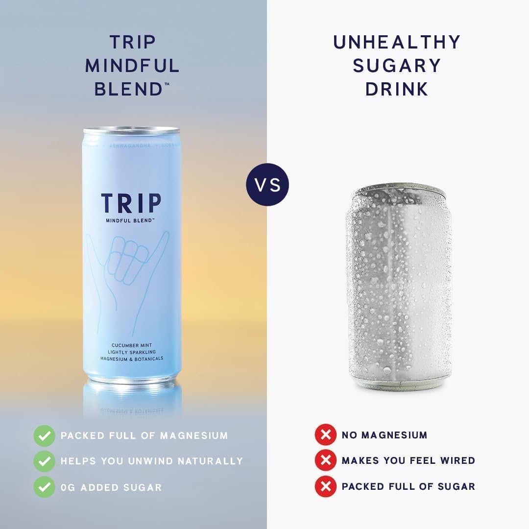 TRIP Mindful Blends - Melon Cucumber Mint Sparkling drink with Magnesium Citrate + Ashwagandha + Lion’s Mane + L-theanine. Low Calorie and Vegan (Pack of 12 x 250ml) - Packaging Might Vary-3