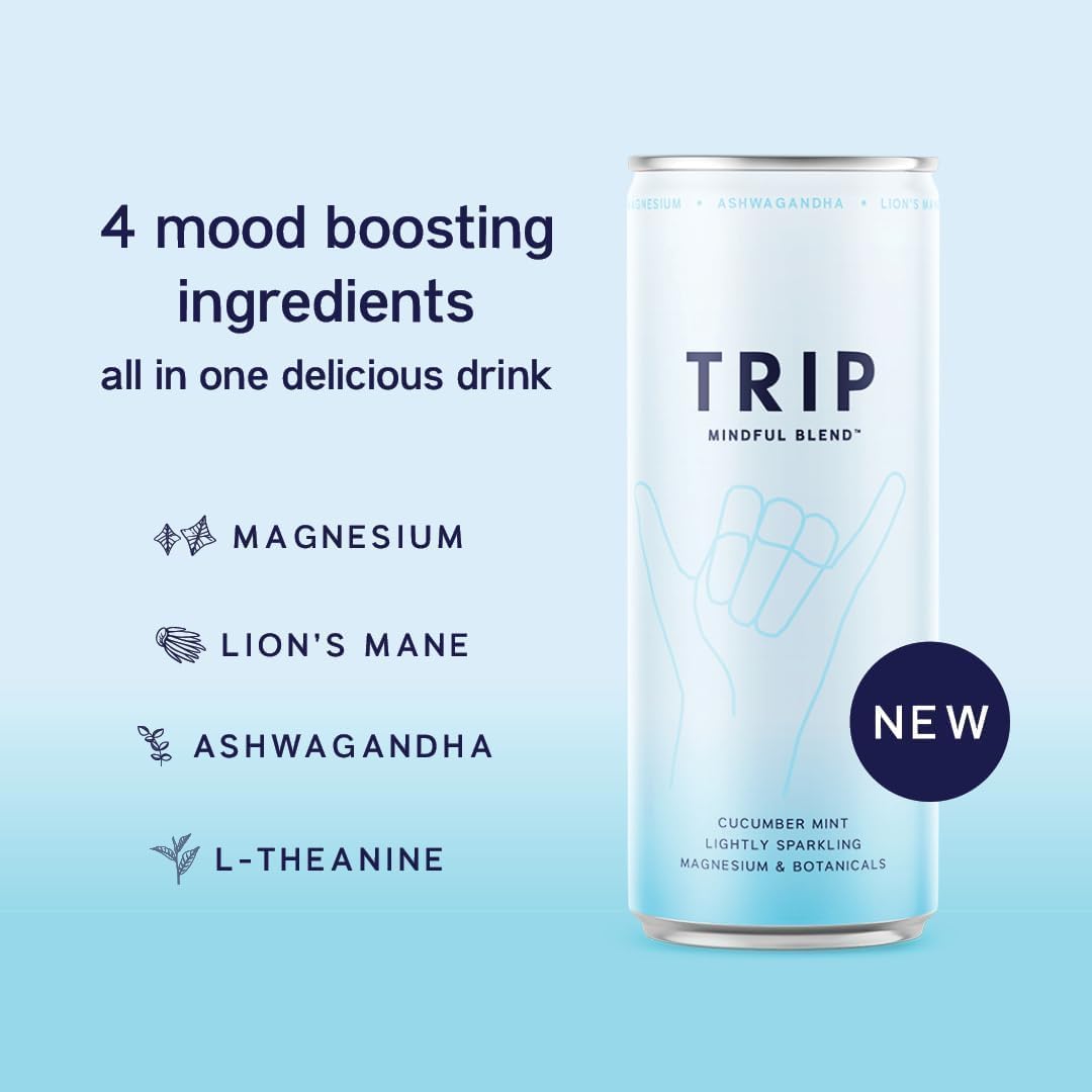 TRIP Mindful Blends - Melon Cucumber Mint Sparkling drink with Magnesium Citrate + Ashwagandha + Lion’s Mane + L-theanine. Low Calorie and Vegan (Pack of 12 x 250ml) - Packaging Might Vary-4